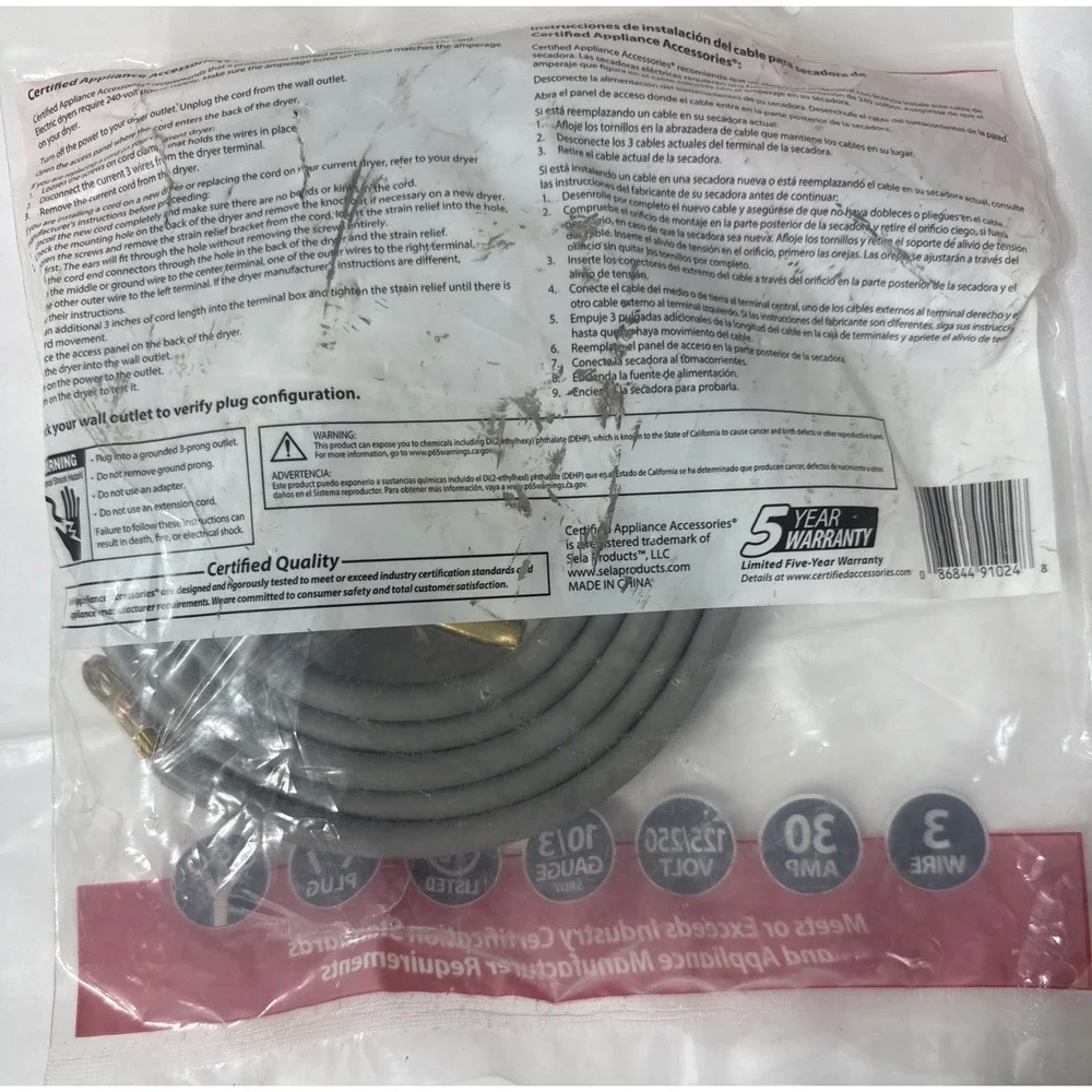 Certified Appliance Accessories 90-1024 Electric‎ Dryer Cord Gray 6ft New